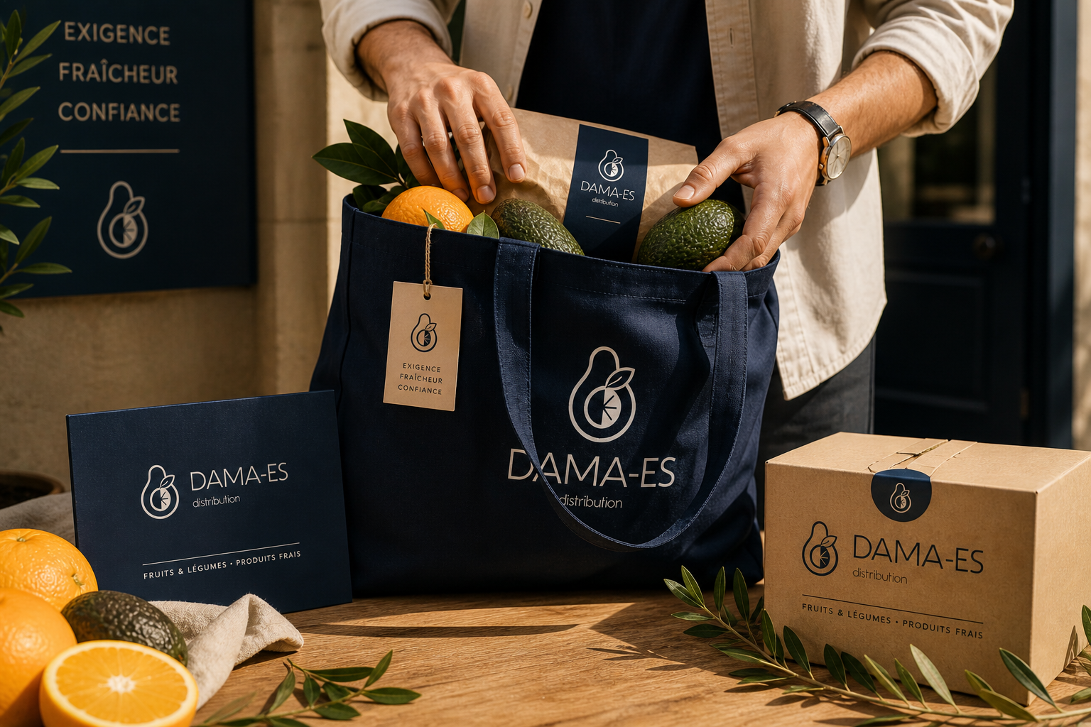 Identité visuelle Dama-Es autour des agrumes et avocats